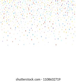 Question marks scattered on white background. Quiz, doubt, poll, survey, faq, interrogation, query background. Multicolored template for opinion poll, public poll. Rainbow color. Vector illustration.