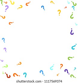 Question marks scattered on white background. Quiz, doubt, poll, survey, faq, interrogation, query background. Multicolored template for opinion poll, public poll. Rainbow color. Vector illustration.