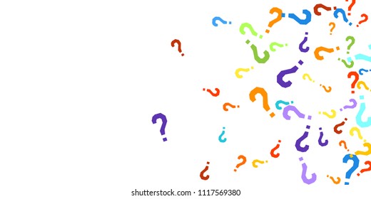 Question marks scattered on white background. Quiz, doubt, poll, survey, faq, interrogation, query background. Multicolored template for opinion poll, public poll. Rainbow color. Vector illustration.