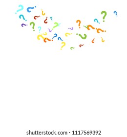 Question marks scattered on white background. Quiz, doubt, poll, survey, faq, interrogation, query background. Multicolored template for opinion poll, public poll. Rainbow color. Vector illustration.