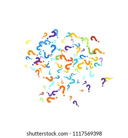 Question marks scattered on white background. Quiz, doubt, poll, survey, faq, interrogation, query background. Multicolored template for opinion poll, public poll. Rainbow color. Vector illustration.