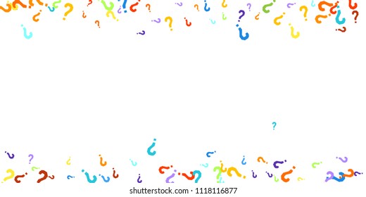 Question marks scattered on white background. Quiz, doubt, poll, survey, faq, interrogation, query background. Multicolored template for opinion poll, public poll. Rainbow color. Vector illustration.