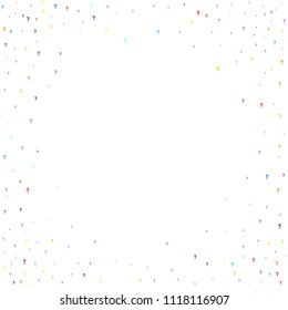 Question marks scattered on white background. Quiz, doubt, poll, survey, faq, interrogation, query background. Multicolored template for opinion poll, public poll. Rainbow color. Vector illustration.