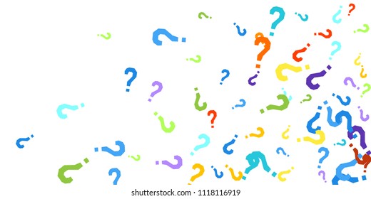 Question marks scattered on white background. Quiz, doubt, poll, survey, faq, interrogation, query background. Multicolored template for opinion poll, public poll. Rainbow color. Vector illustration.