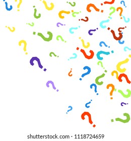 Question marks scattered on white background. Quiz, doubt, poll, survey, faq, interrogation, query background. Multicolored template for opinion poll, public poll. Rainbow color. Vector illustration.
