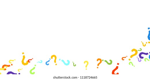 Question marks scattered on white background. Quiz, doubt, poll, survey, faq, interrogation, query background. Multicolored template for opinion poll, public poll. Rainbow color. Vector illustration.