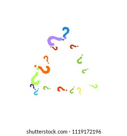 Question marks scattered on white background. Quiz, doubt, poll, survey, faq, interrogation, query background. Multicolored template for opinion poll, public poll. Rainbow color. Vector illustration.