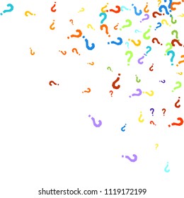 Question marks scattered on white background. Quiz, doubt, poll, survey, faq, interrogation, query background. Multicolored template for opinion poll, public poll. Rainbow color. Vector illustration.