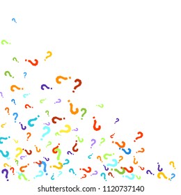 Question marks scattered on white background. Quiz, doubt, poll, survey, faq, interrogation, query background. Multicolored template for opinion poll, public poll. Rainbow color. Vector illustration.