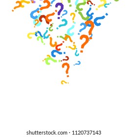 Question marks scattered on white background. Quiz, doubt, poll, survey, faq, interrogation, query background. Multicolored template for opinion poll, public poll. Rainbow color. Vector illustration.