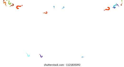 Question marks scattered on white background. Quiz, doubt, poll, survey, faq, interrogation, query background. Multicolored template for opinion poll, public poll. Rainbow color. Vector illustration.