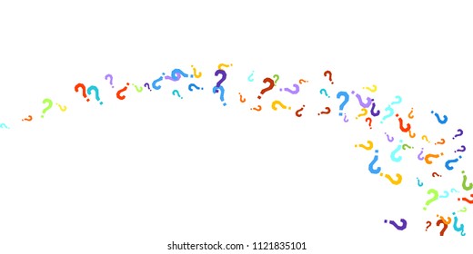 Question marks scattered on white background. Quiz, doubt, poll, survey, faq, interrogation, query background. Multicolored template for opinion poll, public poll. Rainbow color. Vector illustration.