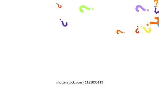 Question marks scattered on white background. Quiz, doubt, poll, survey, faq, interrogation, query background. Multicolored template for opinion poll, public poll. Rainbow color. Vector illustration.