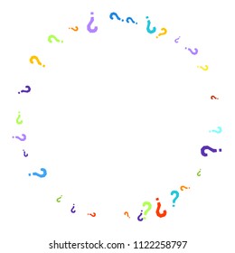 Question marks scattered on white background. Quiz, doubt, poll, survey, faq, interrogation, query background. Multicolored template for opinion poll, public poll. Rainbow color. Vector illustration.