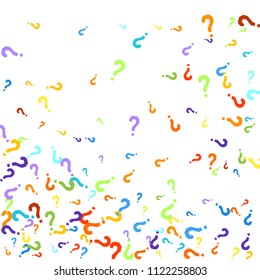 Question marks scattered on white background. Quiz, doubt, poll, survey, faq, interrogation, query background. Multicolored template for opinion poll, public poll. Rainbow color. Vector illustration.