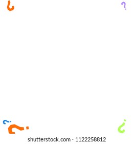 Question marks scattered on white background. Quiz, doubt, poll, survey, faq, interrogation, query background. Multicolored template for opinion poll, public poll. Rainbow color. Vector illustration.