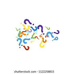 Question marks scattered on white background. Quiz, doubt, poll, survey, faq, interrogation, query background. Multicolored template for opinion poll, public poll. Rainbow color. Vector illustration.