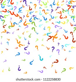 Question marks scattered on white background. Quiz, doubt, poll, survey, faq, interrogation, query background. Multicolored template for opinion poll, public poll. Rainbow color. Vector illustration.