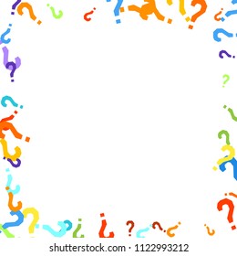 Question marks scattered on white background. Quiz, doubt, poll, survey, faq, interrogation, query background. Multicolored template for opinion poll, public poll. Rainbow color. Vector illustration.