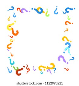Question marks scattered on white background. Quiz, doubt, poll, survey, faq, interrogation, query background. Multicolored template for opinion poll, public poll. Rainbow color. Vector illustration.