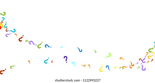 Question marks scattered on white background. Quiz, doubt, poll, survey, faq, interrogation, query background. Multicolored template for opinion poll, public poll. Rainbow color. Vector illustration.
