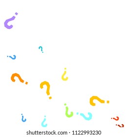 Question marks scattered on white background. Quiz, doubt, poll, survey, faq, interrogation, query background. Multicolored template for opinion poll, public poll. Rainbow color. Vector illustration.