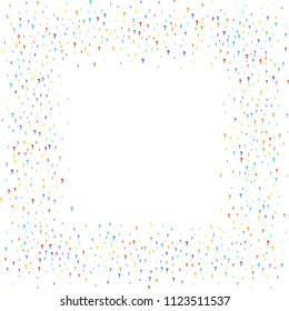 Question marks scattered on white background. Quiz, doubt, poll, survey, faq, interrogation, query background. Multicolored template for opinion poll, public poll. Rainbow color. Vector illustration.