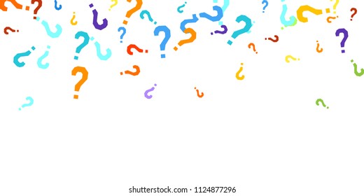 Question marks scattered on white background. Quiz, doubt, poll, survey, faq, interrogation, query background. Multicolored template for opinion poll, public poll. Rainbow color. Vector illustration.