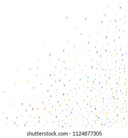 Question marks scattered on white background. Quiz, doubt, poll, survey, faq, interrogation, query background. Multicolored template for opinion poll, public poll. Rainbow color. Vector illustration.