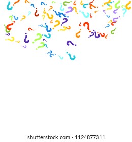 Question marks scattered on white background. Quiz, doubt, poll, survey, faq, interrogation, query background. Multicolored template for opinion poll, public poll. Rainbow color. Vector illustration.