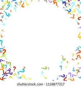 Question marks scattered on white background. Quiz, doubt, poll, survey, faq, interrogation, query background. Multicolored template for opinion poll, public poll. Rainbow color. Vector illustration.