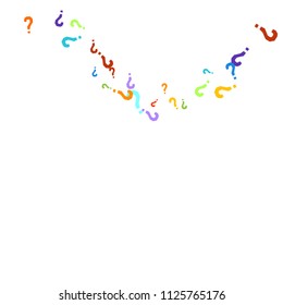 Question marks scattered on white background. Quiz, doubt, poll, survey, faq, interrogation, query background. Multicolored template for opinion poll, public poll. Rainbow color. Vector illustration.