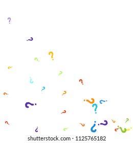 Question marks scattered on white background. Quiz, doubt, poll, survey, faq, interrogation, query background. Multicolored template for opinion poll, public poll. Rainbow color. Vector illustration.
