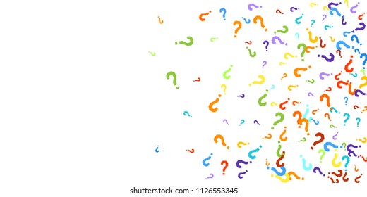 Question marks scattered on white background. Quiz, doubt, poll, survey, faq, interrogation, query background. Multicolored template for opinion poll, public poll. Rainbow color. Vector illustration.