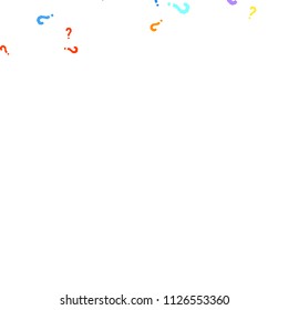 Question marks scattered on white background. Quiz, doubt, poll, survey, faq, interrogation, query background. Multicolored template for opinion poll, public poll. Rainbow color. Vector illustration.