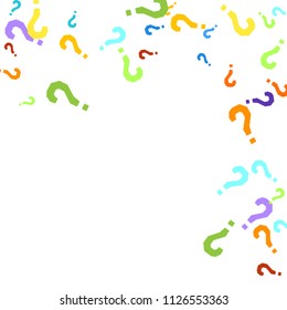 Question marks scattered on white background. Quiz, doubt, poll, survey, faq, interrogation, query background. Multicolored template for opinion poll, public poll. Rainbow color. Vector illustration.