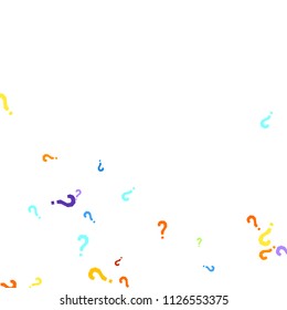 Question marks scattered on white background. Quiz, doubt, poll, survey, faq, interrogation, query background. Multicolored template for opinion poll, public poll. Rainbow color. Vector illustration.