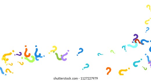 Question marks scattered on white background. Quiz, doubt, poll, survey, faq, interrogation, query background. Multicolored template for opinion poll, public poll. Rainbow color. Vector illustration.