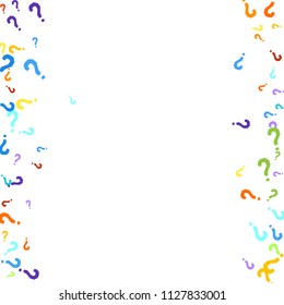 Question marks scattered on white background. Quiz, doubt, poll, survey, faq, interrogation, query background. Multicolored template for opinion poll, public poll. Rainbow color. Vector illustration.
