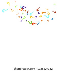 Question marks scattered on white background. Quiz, doubt, poll, survey, faq, interrogation, query background. Multicolored template for opinion poll, public poll. Rainbow color. Vector illustration.