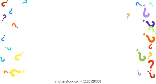 Question marks scattered on white background. Quiz, doubt, poll, survey, faq, interrogation, query background. Multicolored template for opinion poll, public poll. Rainbow color. Vector illustration.