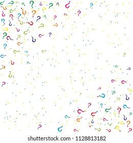Question marks scattered on white background.Quiz, doubt, poll, survey, faq, interrogation, query background. Multicolored template for opinion poll, public poll. Rainbow color. Vector illustration.