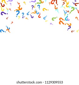 Question marks scattered on white background. Quiz, doubt, poll, survey, faq, interrogation, query background. Multicolored template for opinion poll, public poll. Rainbow color. Vector illustration.