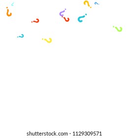 Question marks scattered on white background. Quiz, doubt, poll, survey, faq, interrogation, query background. Multicolored template for opinion poll, public poll. Rainbow color. Vector illustration.