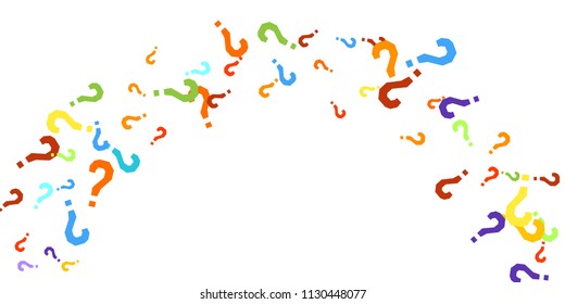 Question marks scattered on white background. Quiz, doubt, poll, survey, faq, interrogation, query background. Multicolored template for opinion poll, public poll. Rainbow color. Vector illustration.