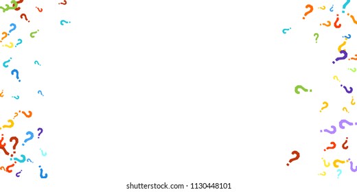 Question marks scattered on white background. Quiz, doubt, poll, survey, faq, interrogation, query background. Multicolored template for opinion poll, public poll. Rainbow color. Vector illustration.