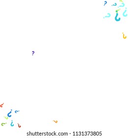 Question marks scattered on white background. Quiz, doubt, poll, survey, faq, interrogation, query background. Multicolored template for opinion poll, public poll. Rainbow color. Vector illustration.