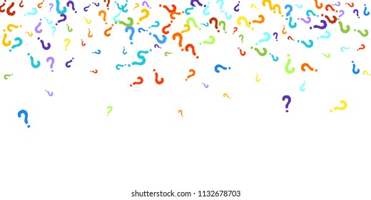 Question marks scattered on white background. Quiz, doubt, poll, survey, faq, interrogation, query background. Multicolored template for opinion poll, public poll. Rainbow color. Vector illustration.