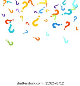 Question marks scattered on white background. Quiz, doubt, poll, survey, faq, interrogation, query background. Multicolored template for opinion poll, public poll. Rainbow color. Vector illustration.