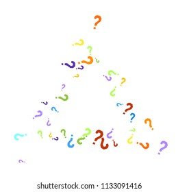 Question marks scattered on white background. Quiz, doubt, poll, survey, faq, interrogation, query background. Multicolored template for opinion poll, public poll. Rainbow color. Vector illustration.